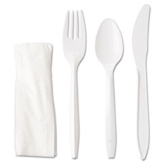 Wrapped Cutlery Kit, 6 1/4&quot;, Fork/Knife/Spoon/Napkin,