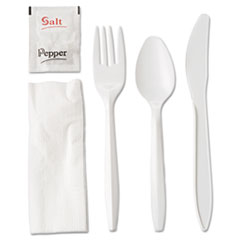Wrapped Cutlery Kit, 6 1/4&quot;, Fork/Knife/Spoon/Napkin/Salt/P