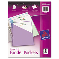 Ring Binder Polypropylene
Pockets, 8-1/2 x 11, Assorted
Colors, 5 Pockets/Pack -
POCKET,BNDR 5PK,AST
