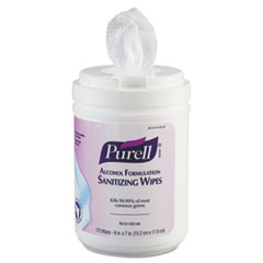 Premoistened Sanitizing
Wipes, Alcohol Formulation, 6
x 7, White, 175/Canister -
PURELL ALCOHOL WIPES CISTER
6/175CT