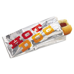 Foil Hot Dog Bags, 3 1/2w x 1
1/2d x 8 1/2h, White &quot;HOT
DOG&quot; - FOIL LAM HOT DOG BG
3.5X1.5X8.5 RED/ORA 1M