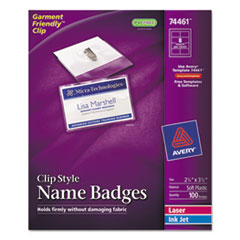 Badge Holders w/Laser/Inkjet
Inserts, Top Load, 2 1/4 x 3
1/2, White, 100/Box -
BADGE,SOFT CLP NAME,WHT