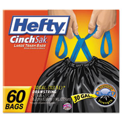 Cinch Sak Large Drawstring
Trash Bags, 30gal, 1.1mil, 30
x 33, Black - HEFTY CINCHSAK
H-DTY DRWSTRG TRSH BAG 30GAL
3/60