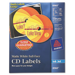 Inkjet Full-Face CD Labels,
Matte White, 40/Pack -
LABEL,FULLCD,40/PK,MTWHT