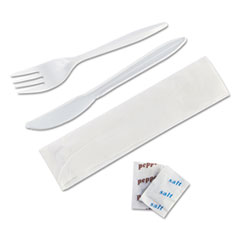 Wrapped Cutlery Kit, 6 1/4&quot;, Fork/Knife/Napkin/Salt/Pepper,