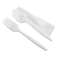 Wrapped Cutlery Kit, 5 3/4&quot;, Fork/Knife/Napkin, White -